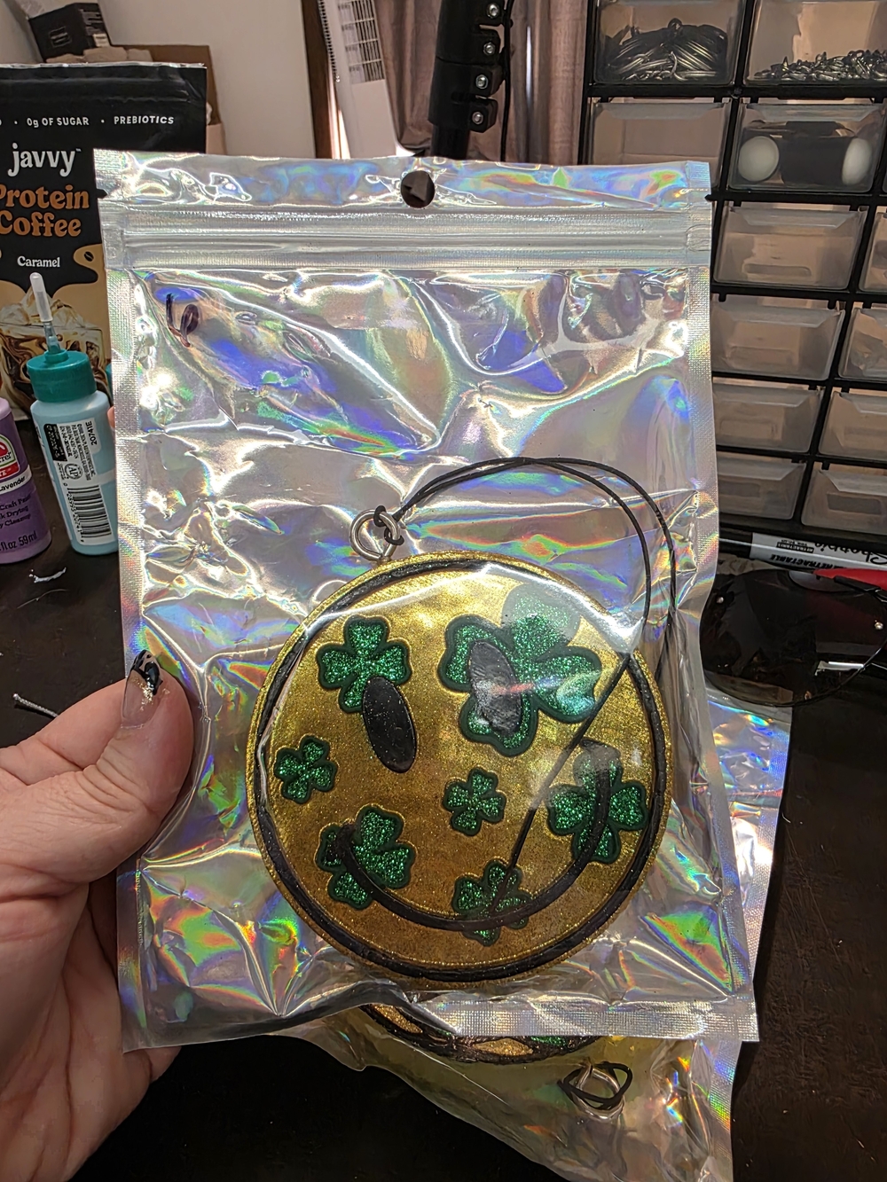 Gold Glitter Shamrock Smile Car Freshie